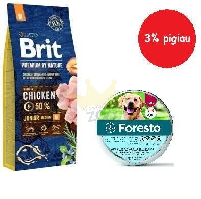 BRIT Premium By Nature Junior M 15kg+Foresto Antkaklis šunims virš 8kg