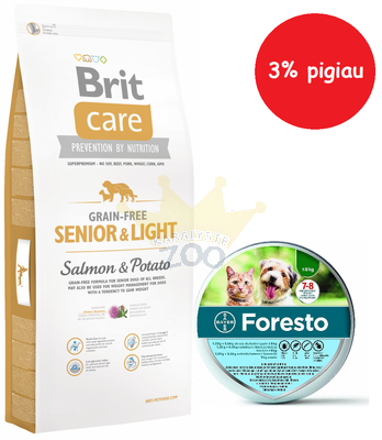 Brit Care Grain-free Senior & Light Salmon & Potato 12kg+Foresto Antkaklis katėms ir šunims sveriantiems mažiau nei 8kg