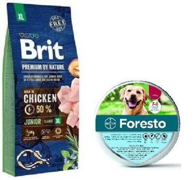 BRIT Premium By Nature Junior XL 15kg+Foresto Antkaklis šunims virš 8kg - 3% PIGIAU