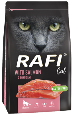 DOLINA NOTECI Rafi Cat sausas ėdalas sterilizuotoms katėms su lašiša 7kg + STAIGMENA KATEI