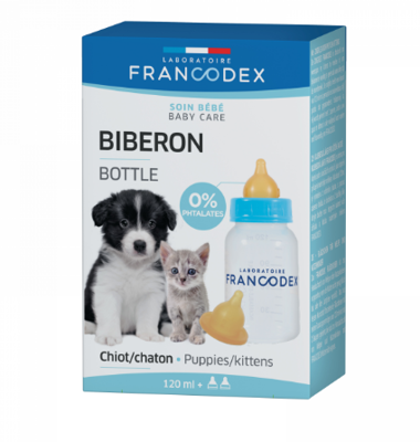 FRANCODEX Šuniukų ir kačiukų šėrimo buteliukas 120 ml + 2 čiulptukai