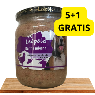 Leopold mėsos ėdalas šunims su vištiena ir morkomis 5x500g + 1 GRATIS