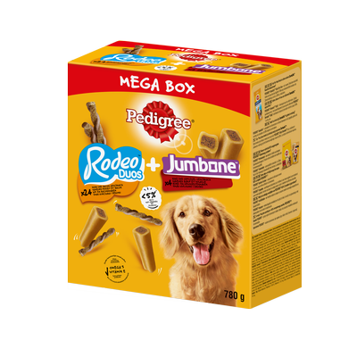 PEDIGREE® Mega Box Rodeo™ ir Jumbone™ skanėstai suaugusiems šunims (su vištiena, šoninės skonio ir jautienos bei paukštienos skonio) - 780 g